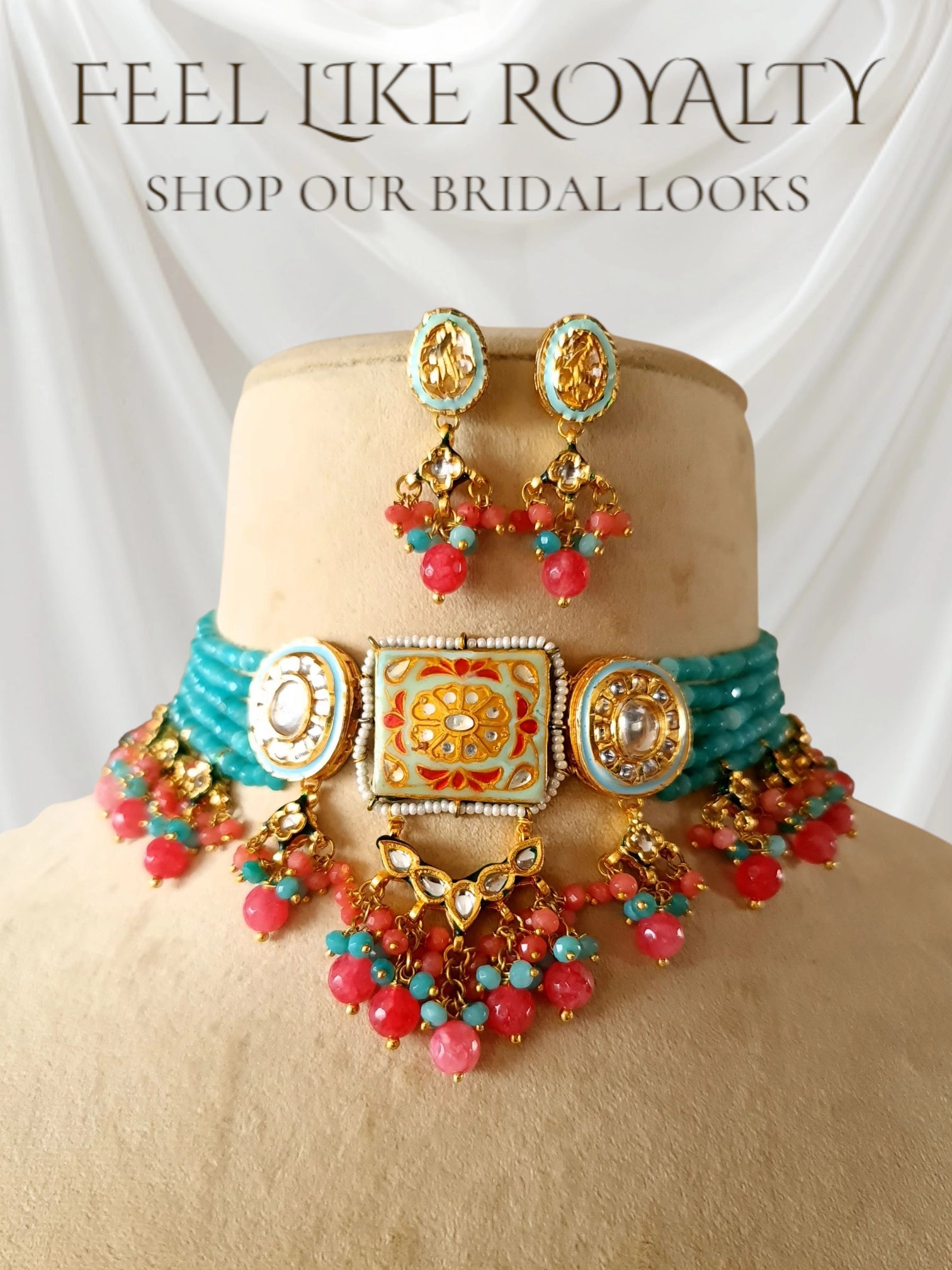 Regal Teal & Pink Kundan Choker Set with Hand-Painted Meenakari – Bridal & Festive Wear