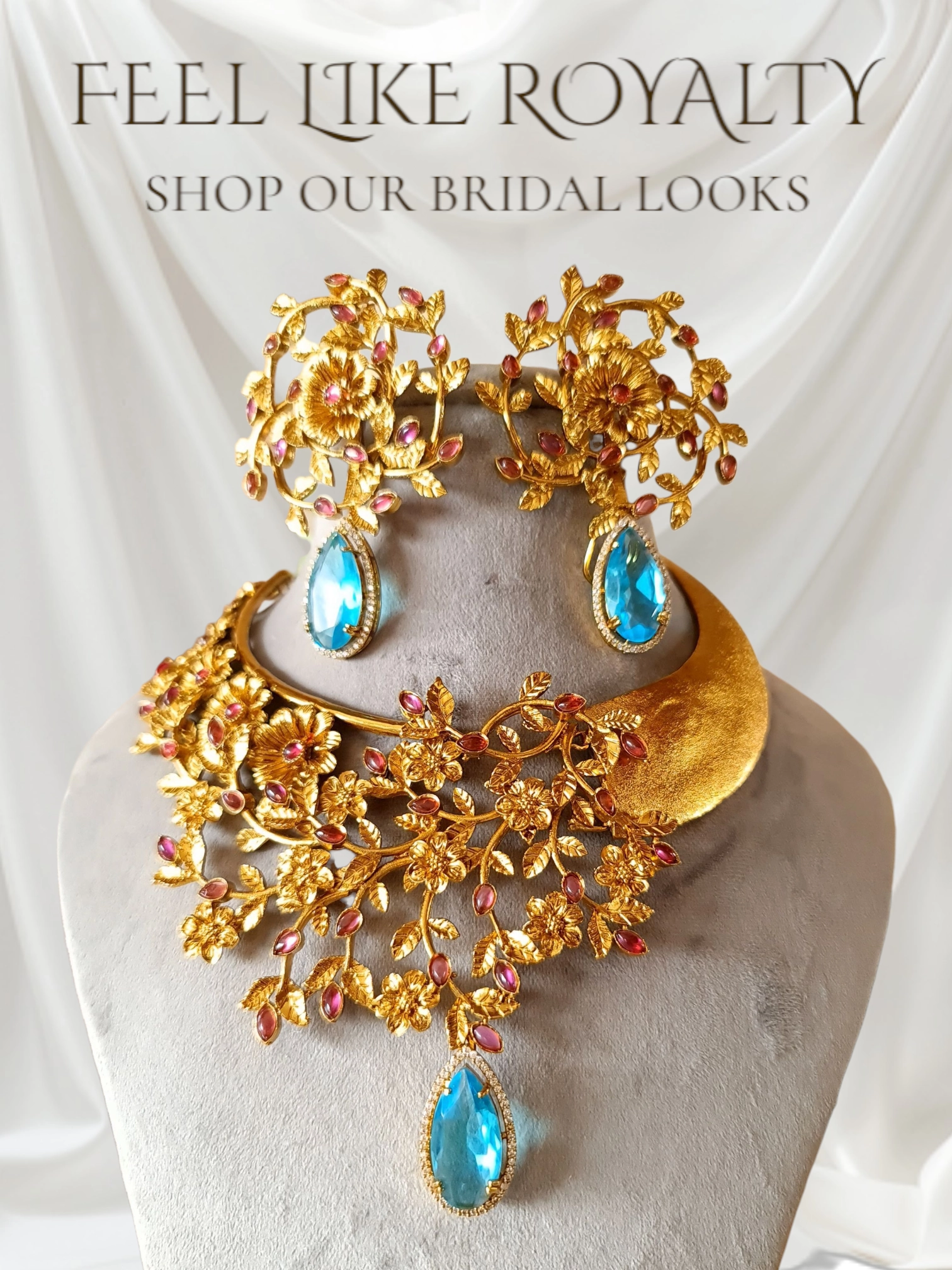 Regal Blossom Bridal Choker & Earring Set - Aqua Blue & Gold Statement Jewelry