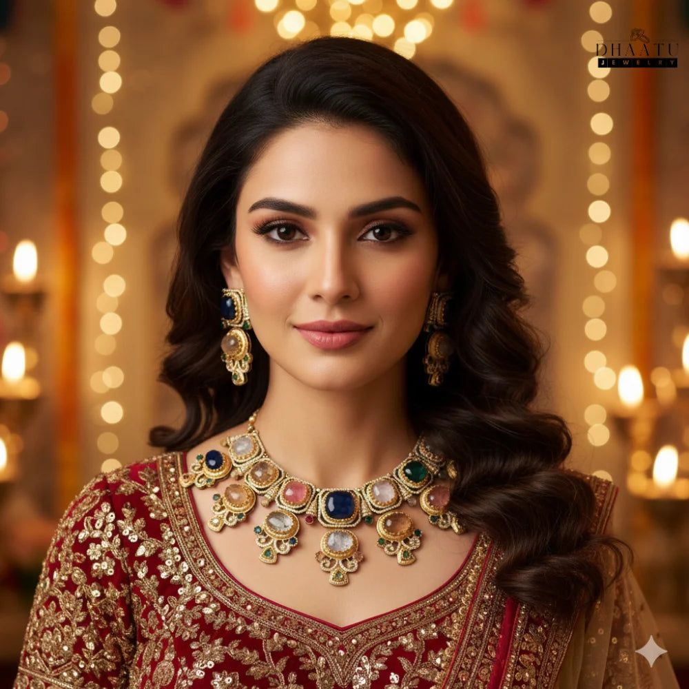 Rivaayat Collection: 'Aarushi' Multi-Stone Two Layer Traditional Choker Necklace Set with Earrings