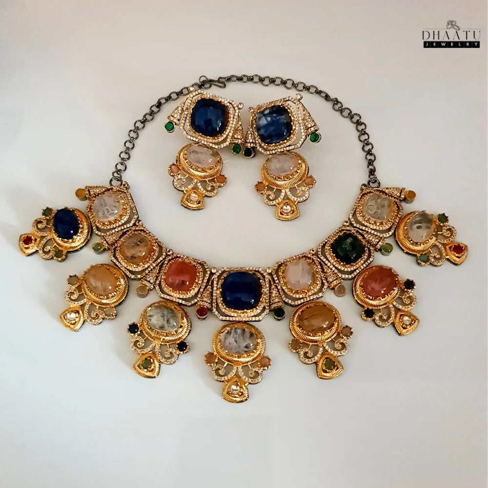 Rivaayat Collection: 'Aarushi' Multi-Stone Two Layer Traditional Choker Necklace Set with Earrings