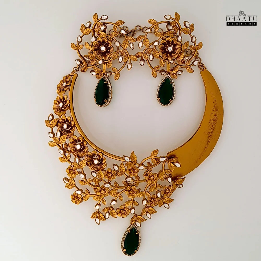 Regal Blossom Bridal Choker & Earring Set - Aqua Blue & Gold Statement Jewelry