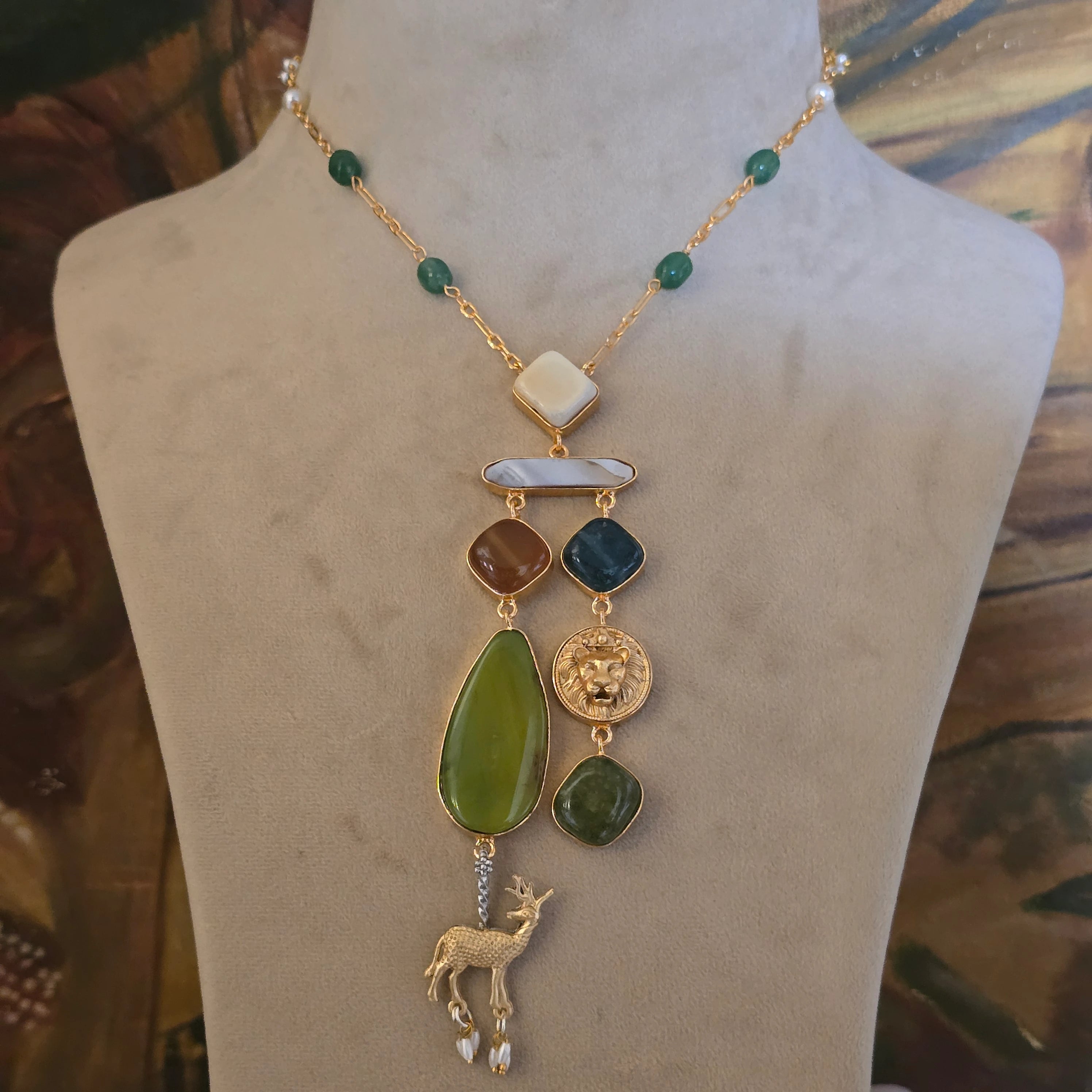 Bohemian Chic Gold-Plated Gemstone Pearl Statement Necklace with