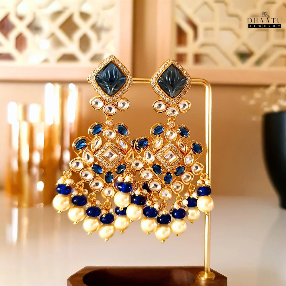 Gold Plated Kundan Polki & Pearl Drop Earrings in Multiple Colors