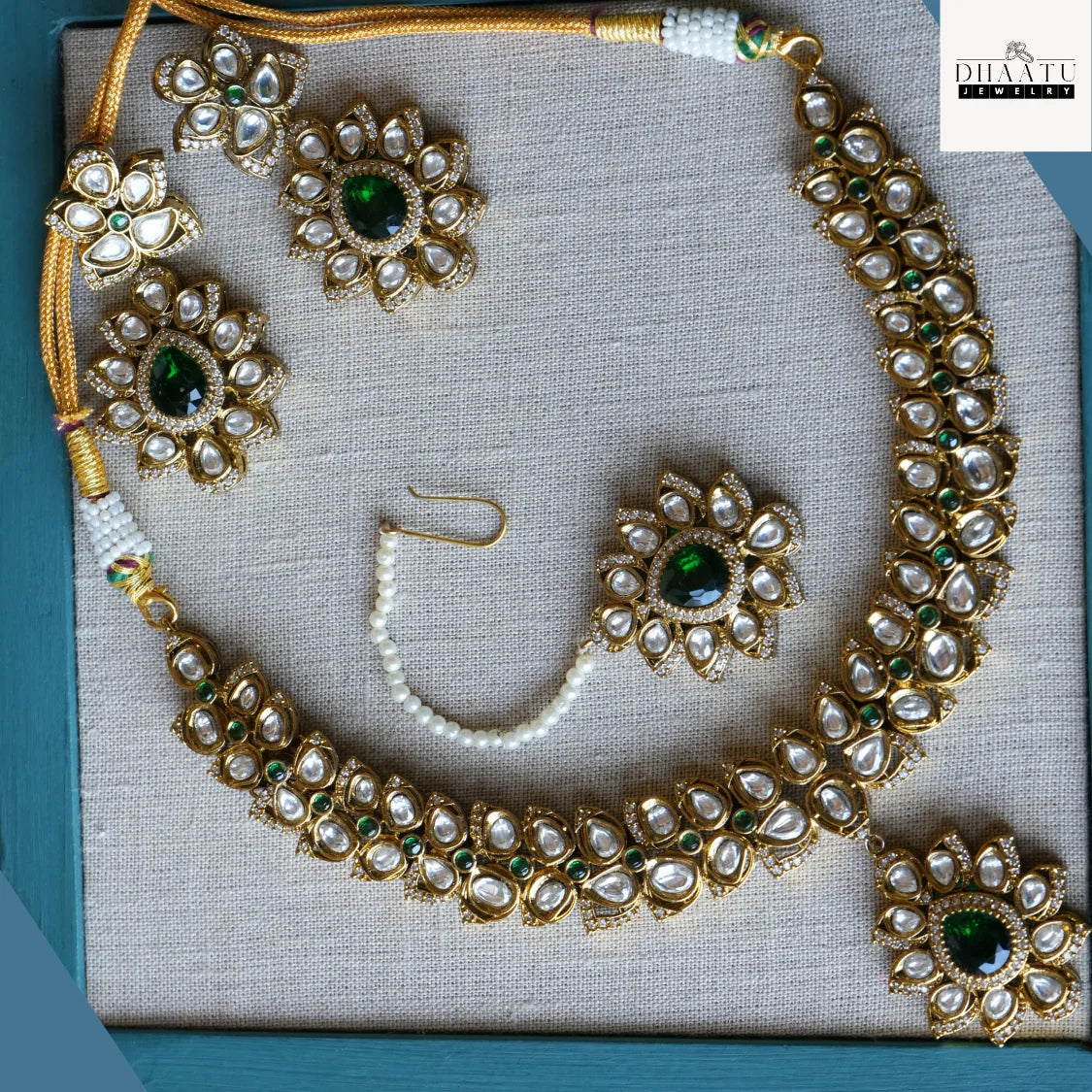 Regal Green Stone & White Polki Style Jewelry Set with Necklace, Earrings & Maang Tikka