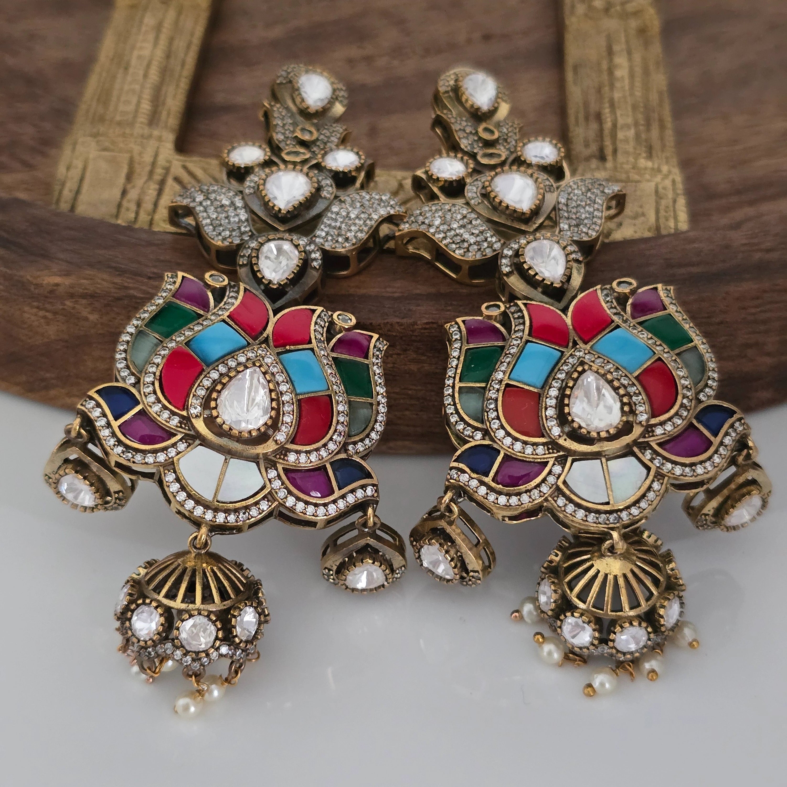 Jadau Polki Style Dangler Earrings with Meenakari & Pearls