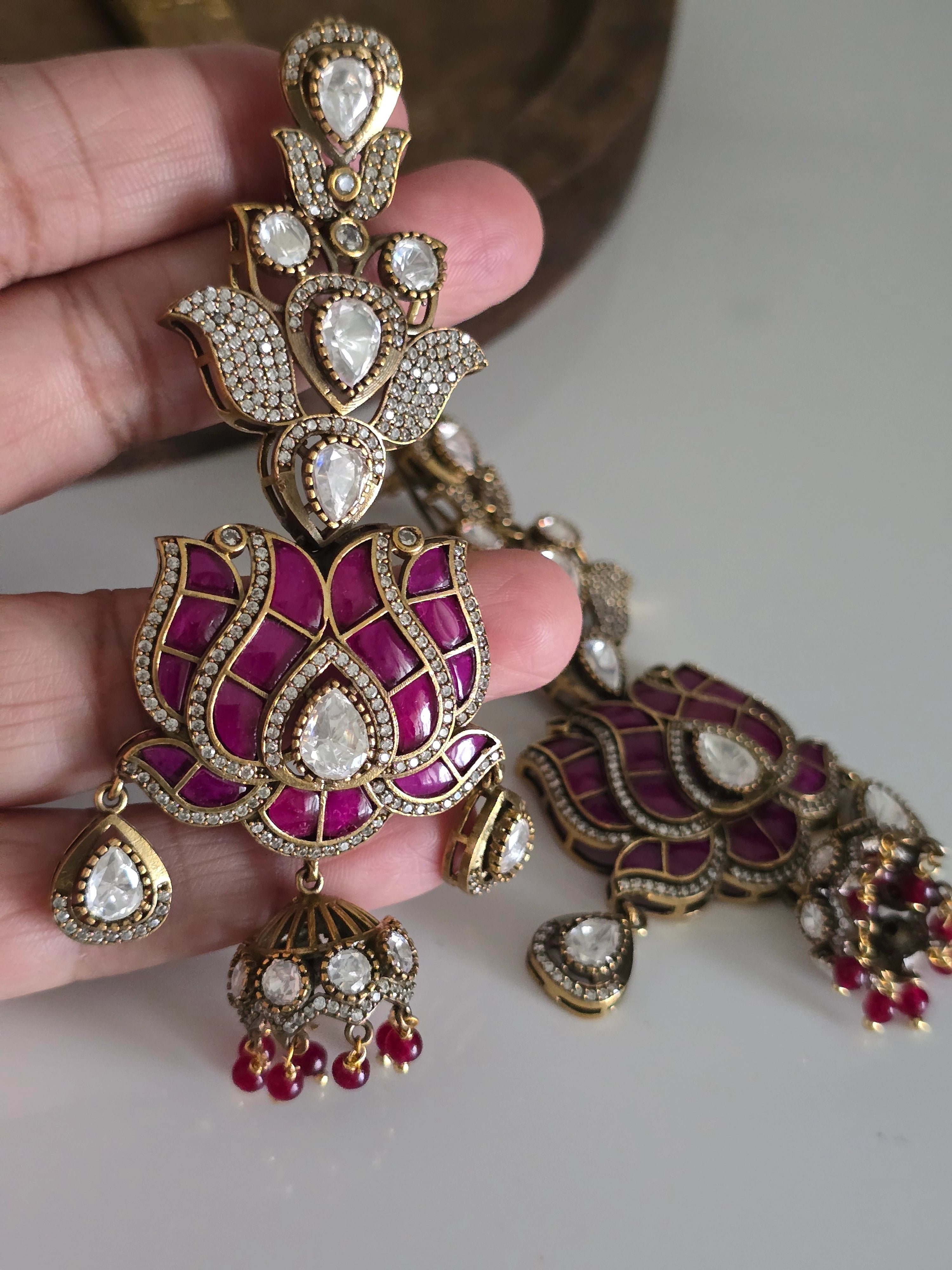 Jadau Polki Style Dangler Earrings with Meenakari & Pearls