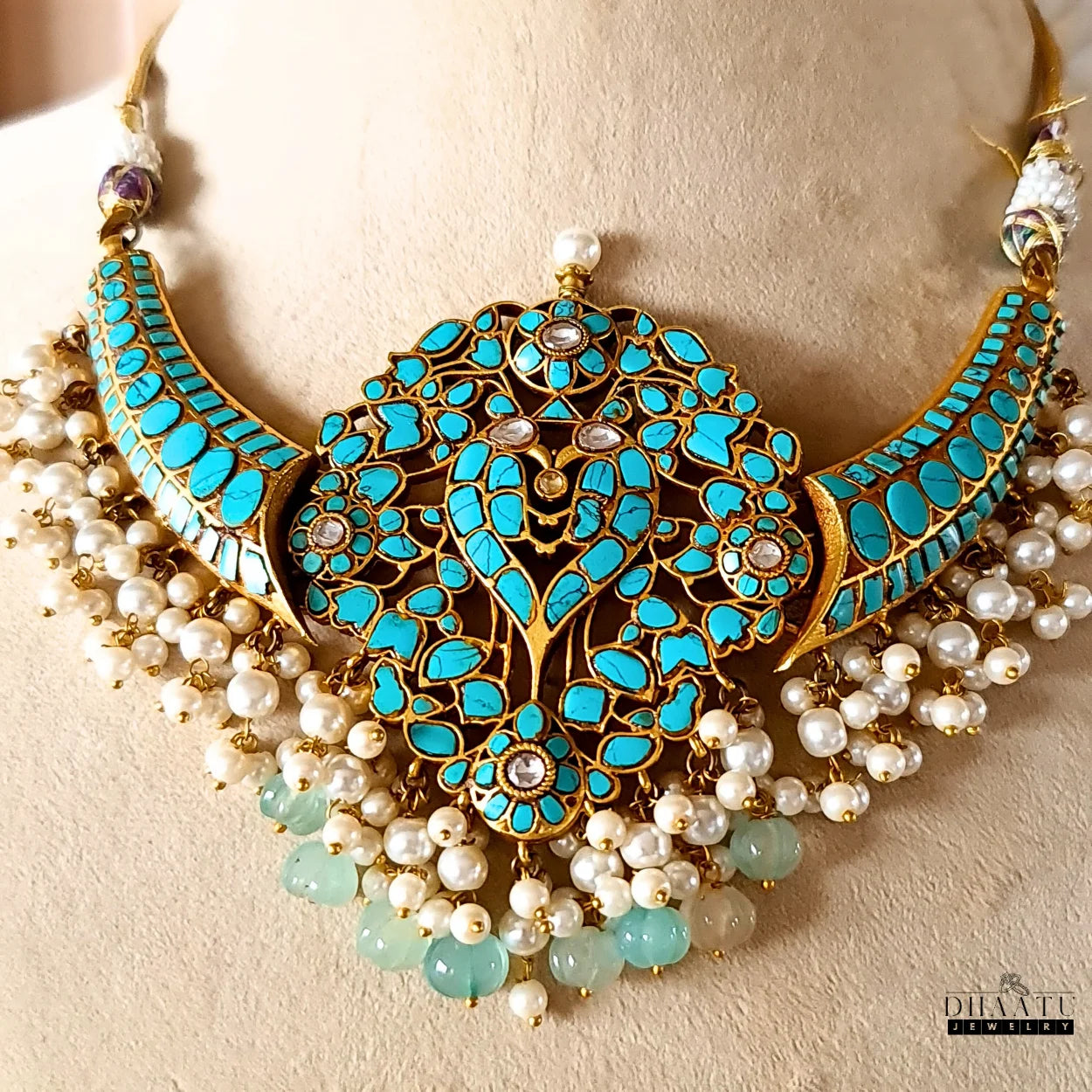 Regal Turquoise & Pearl Bridal Firoza Choker Necklace Set | Indian Royal Bridal Jewelry | Meenakari Wedding Necklace & Earrings