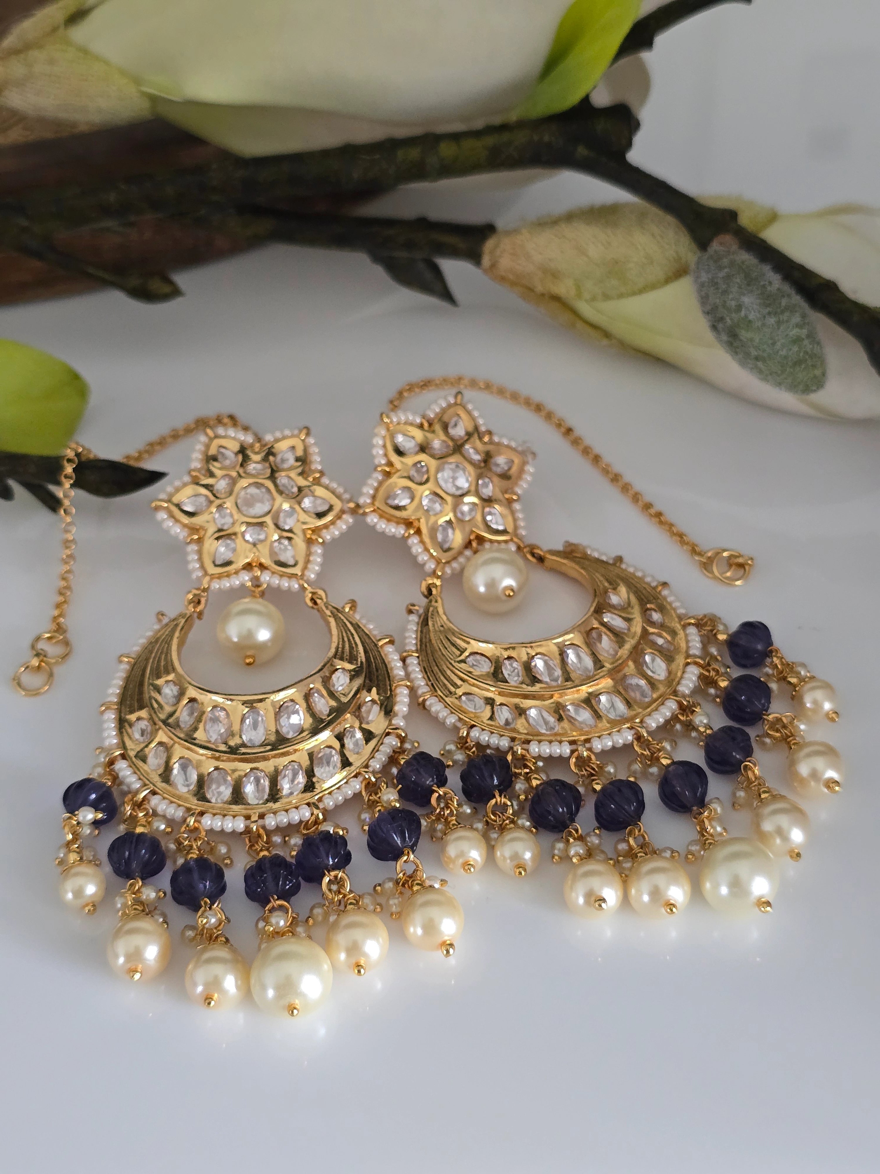 Kundan & Pearl Chandbali Earrings with Sahara Chain