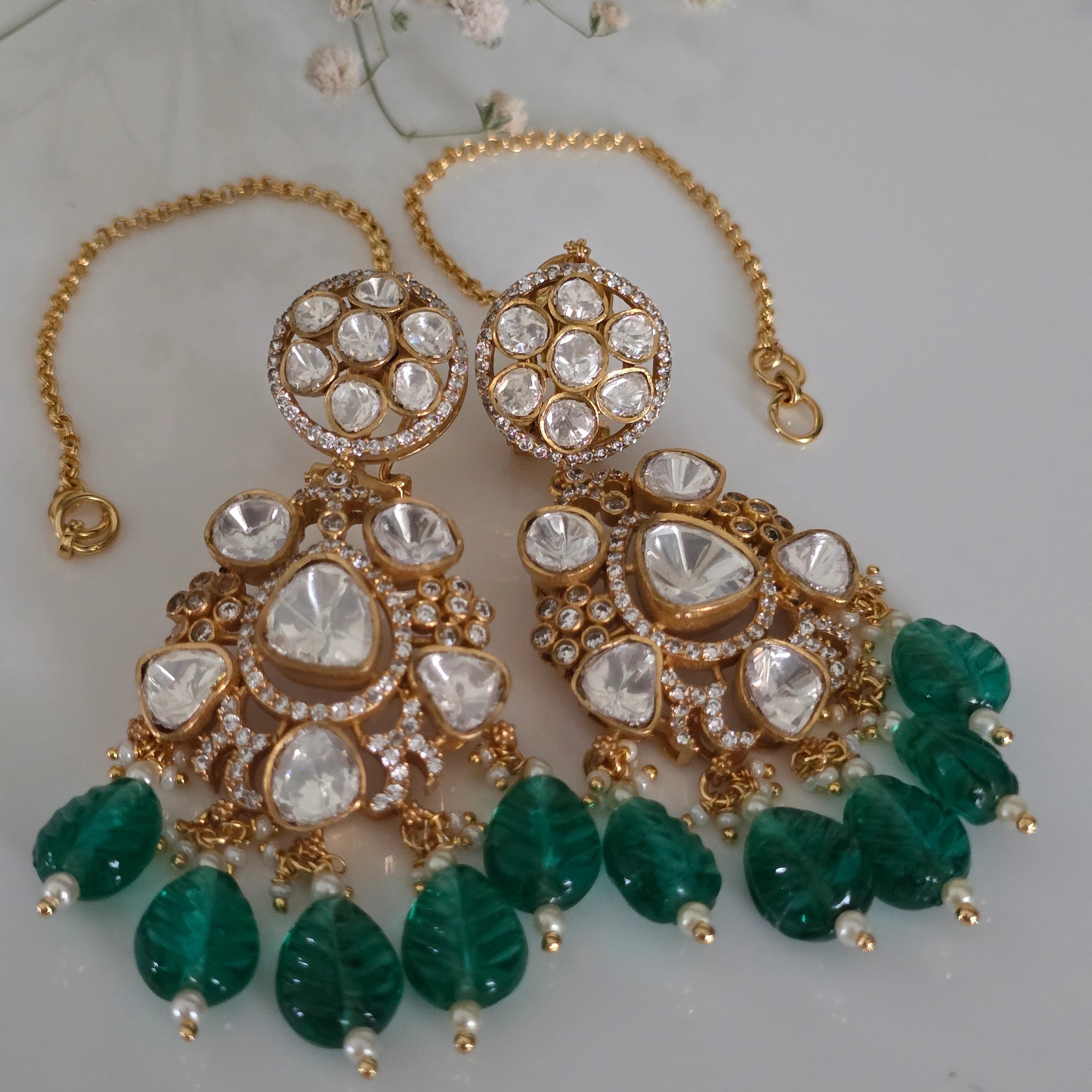 Dhaatu Dark Green Kundan & Pearl Earrings