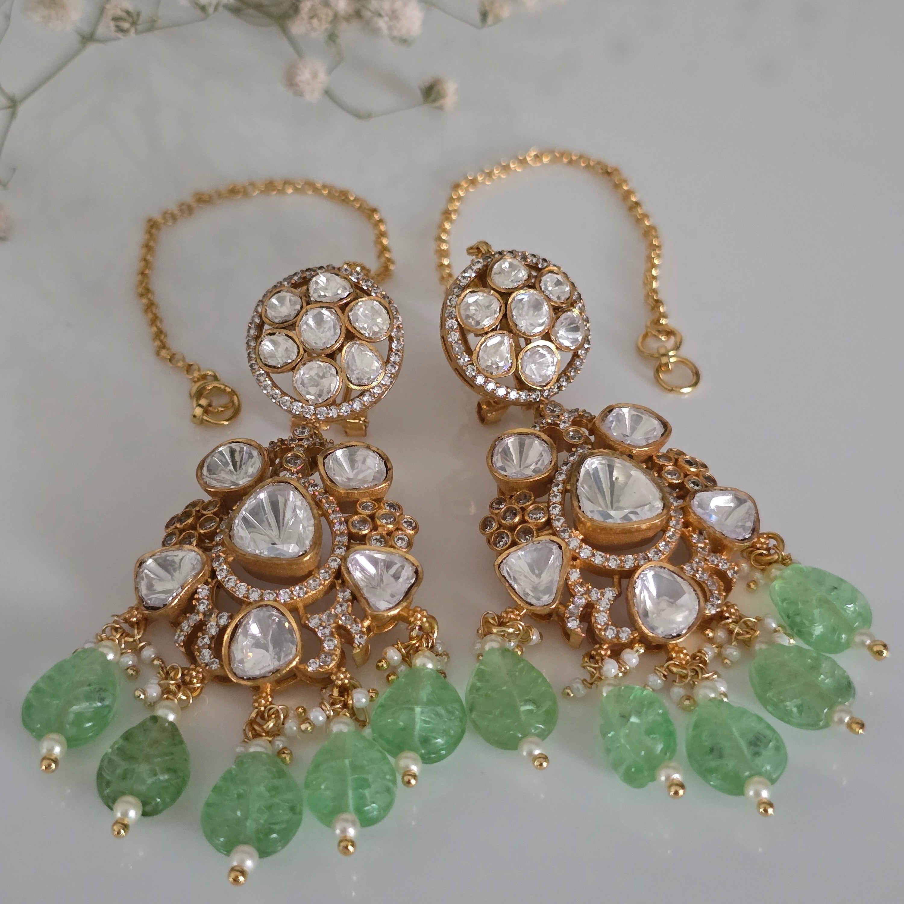Gold Plated Light Green Indian Dangler Kundan Earrings