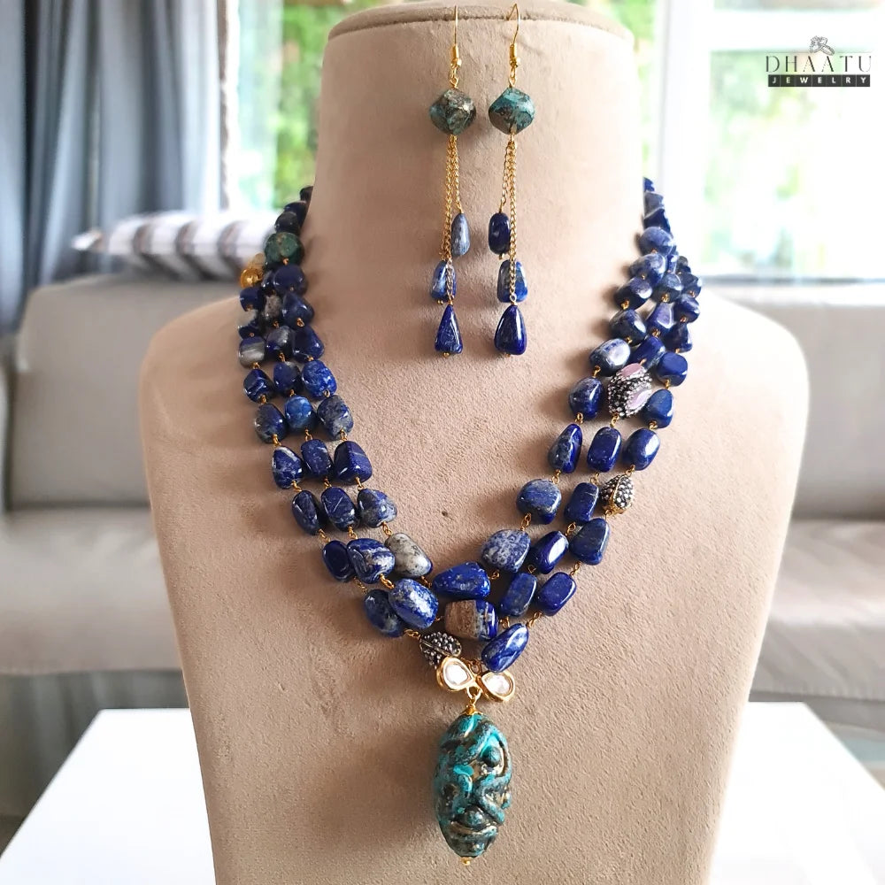 Elegant Deep Blue Lapis Lazuli & Carved Pendant Jewelry Set