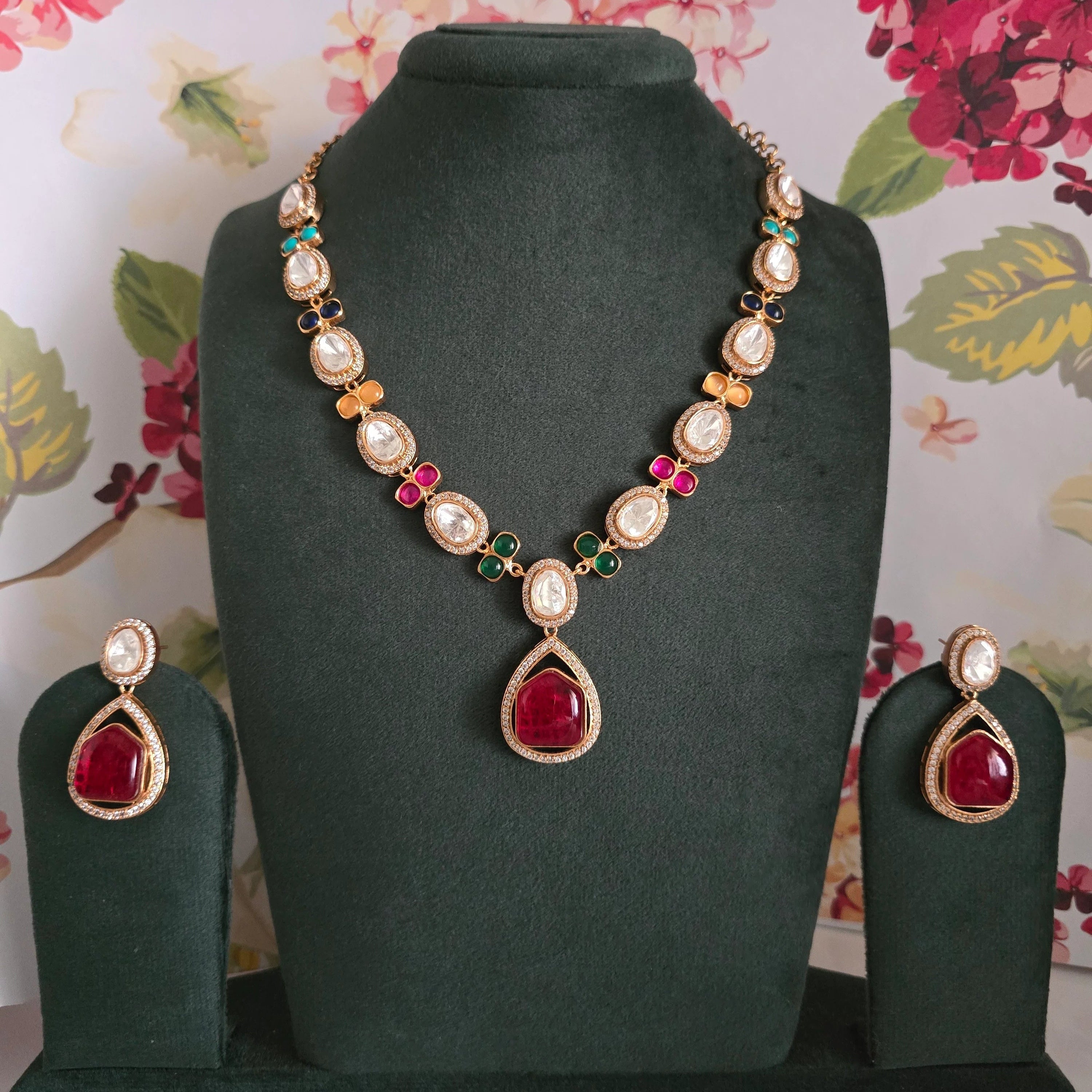 Polki Style CZ Necklace Set with Multi-Color Accents