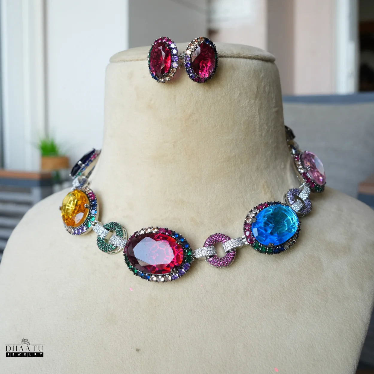 Fire & Ice Multi-Color Gemstone Necklace & Stud Earrings Set | Artificial Diamond & Colorful Stone Jewelry