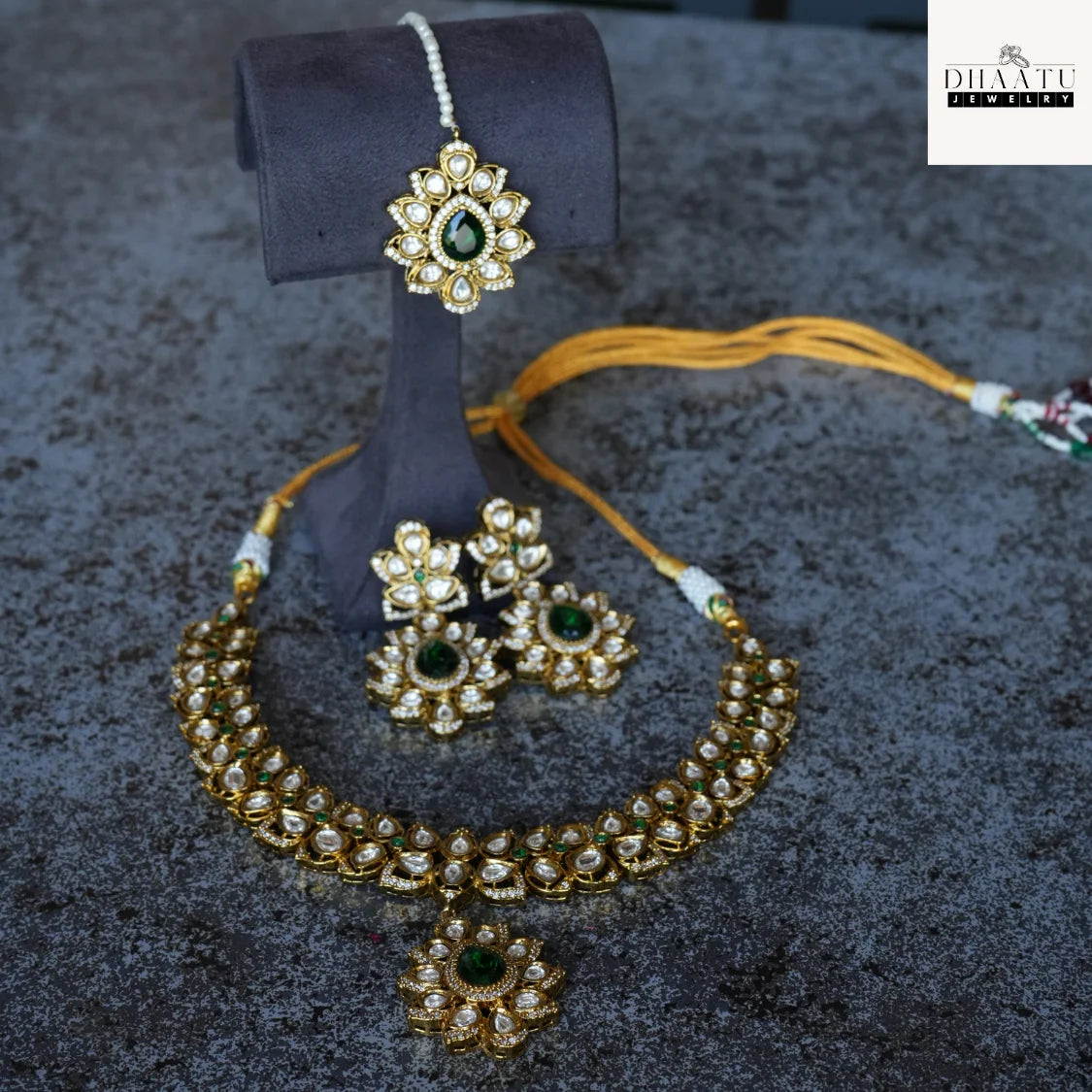 Regal Green Stone & White Polki Style Jewelry Set with Necklace, Earrings & Maang Tikka