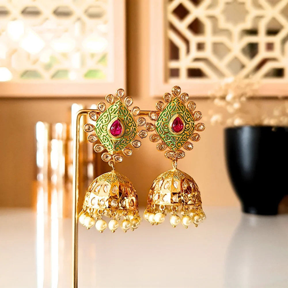 Green Meenakari & Kundan Jhumka Earrings with Pearl Drops