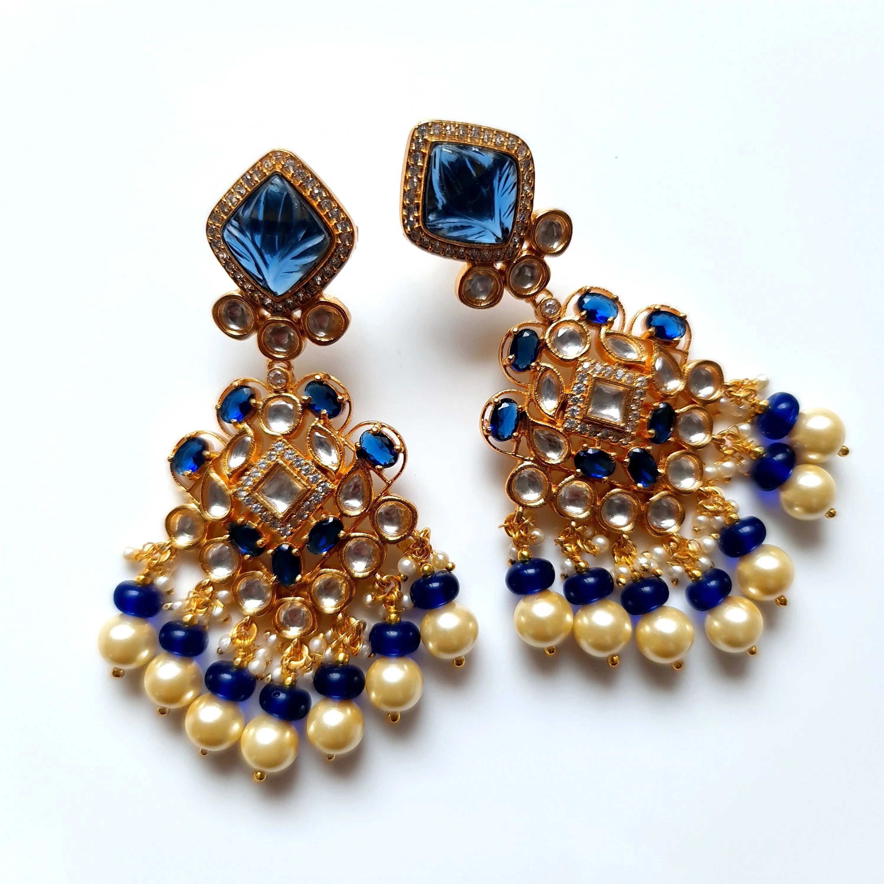 Gold Plated Kundan Polki & Pearl Drop Earrings in Multiple Colors