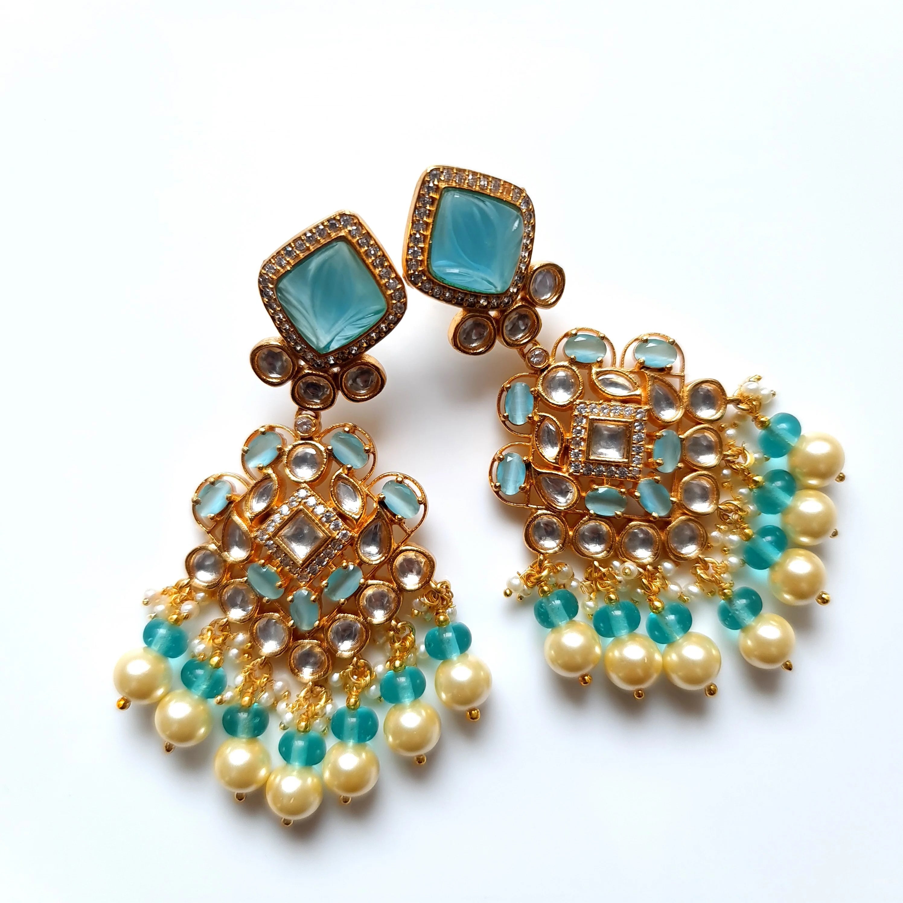 Gold Plated Kundan Polki & Pearl Drop Earrings in Multiple Colors