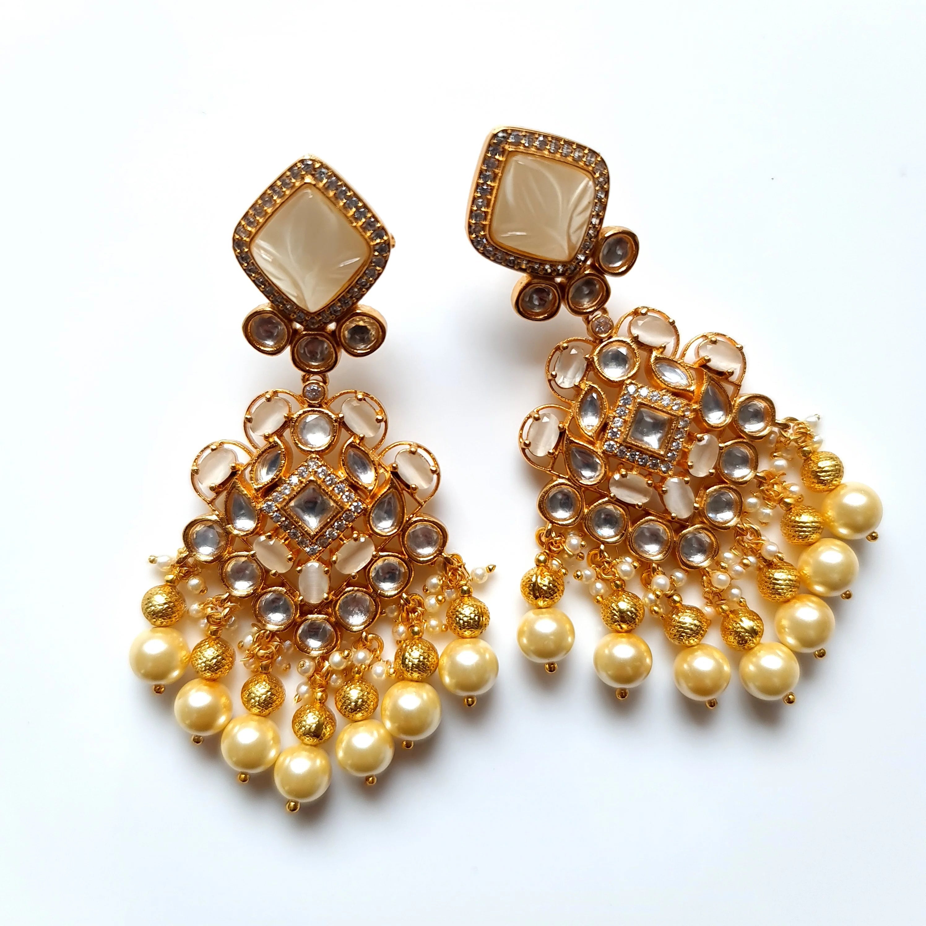 Gold Plated Kundan Polki & Pearl Drop Earrings in Multiple Colors