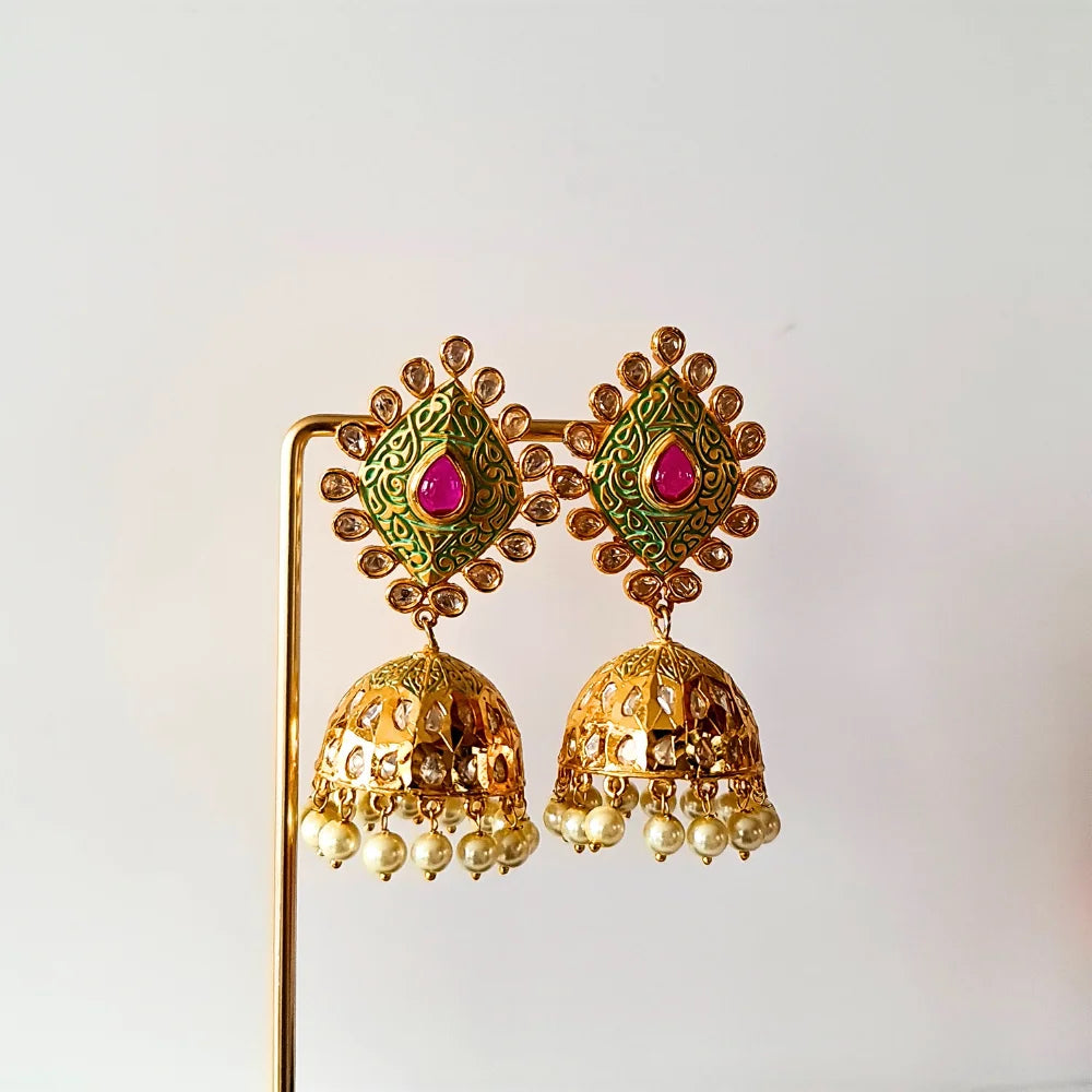Green Meenakari & Kundan Jhumka Earrings with Pearl Drops