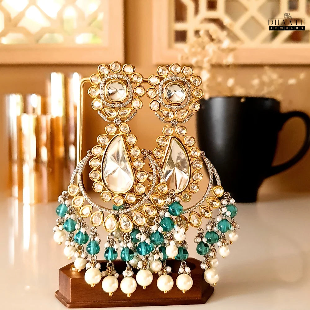 Exquisite Kundan Polki Chandbali Earrings with Pearl & Hydro Dangle Drops