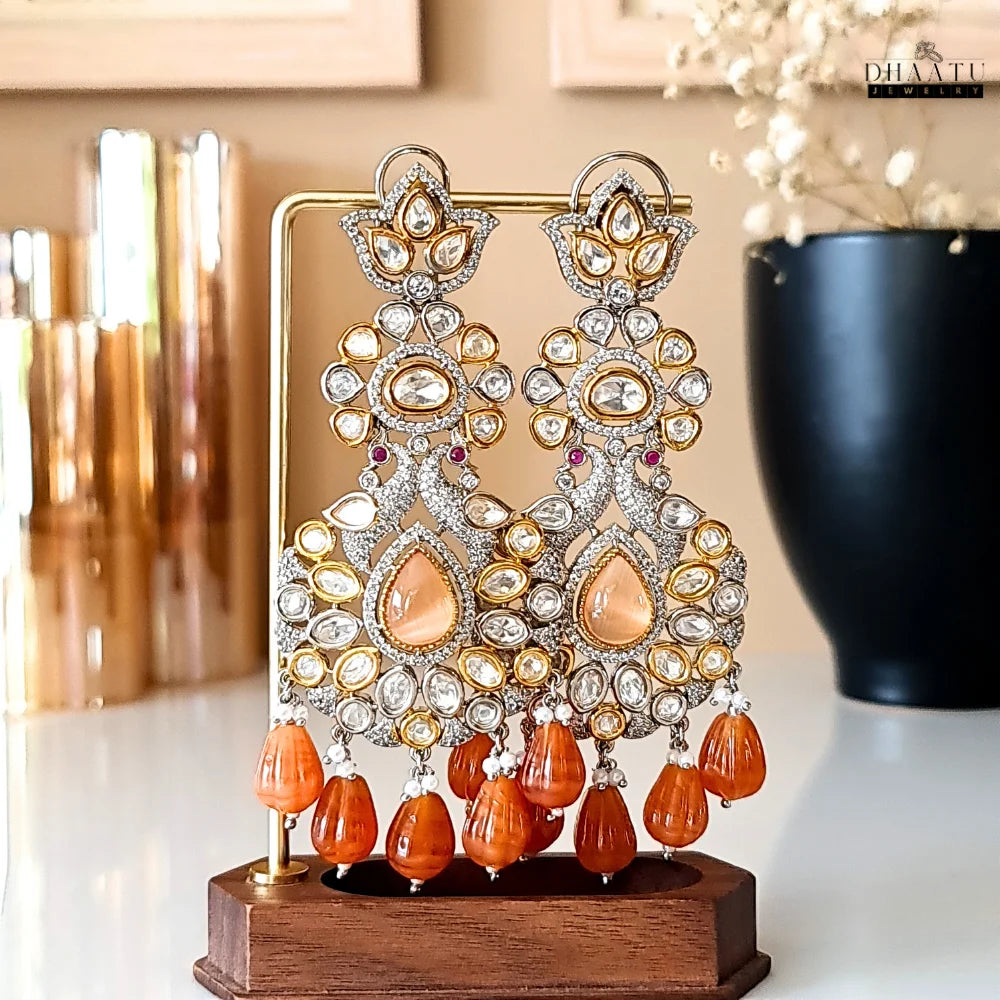 Kundan Polki Drop Earrings - Dual Tone Plating
