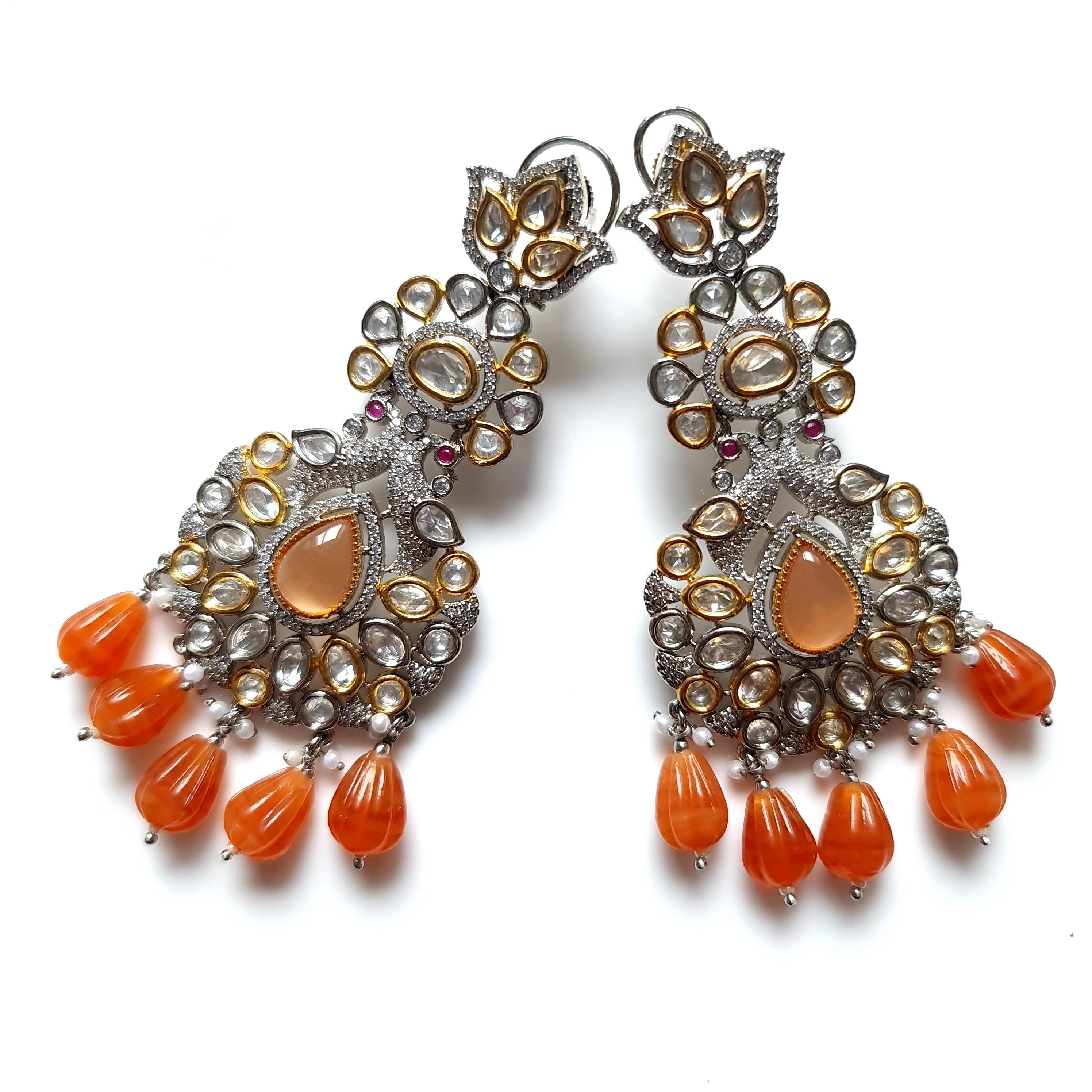 Kundan Polki Drop Earrings - Dual Tone Plating