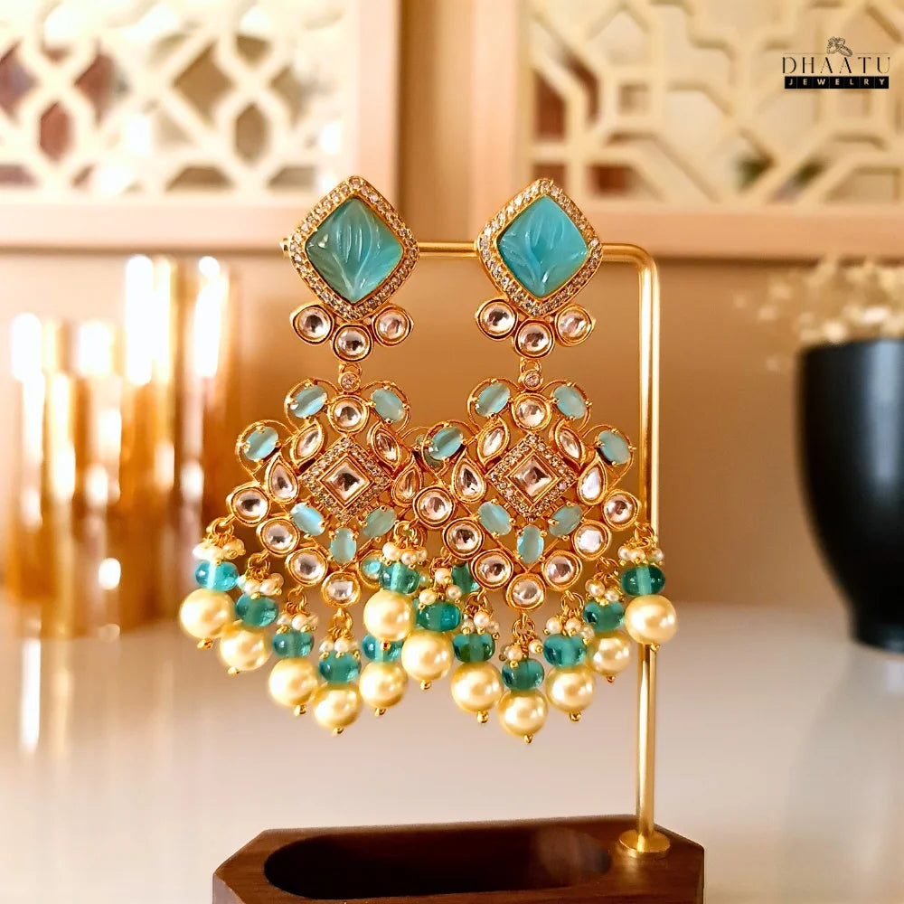 Gold Plated Kundan Polki & Pearl Drop Earrings in Multiple Colors