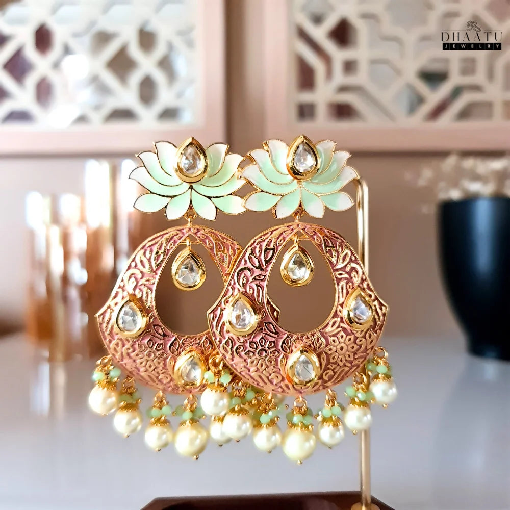 Pristine Gold Plated Lotus Meenakari Dangler Earrings with Kundan and Pearls