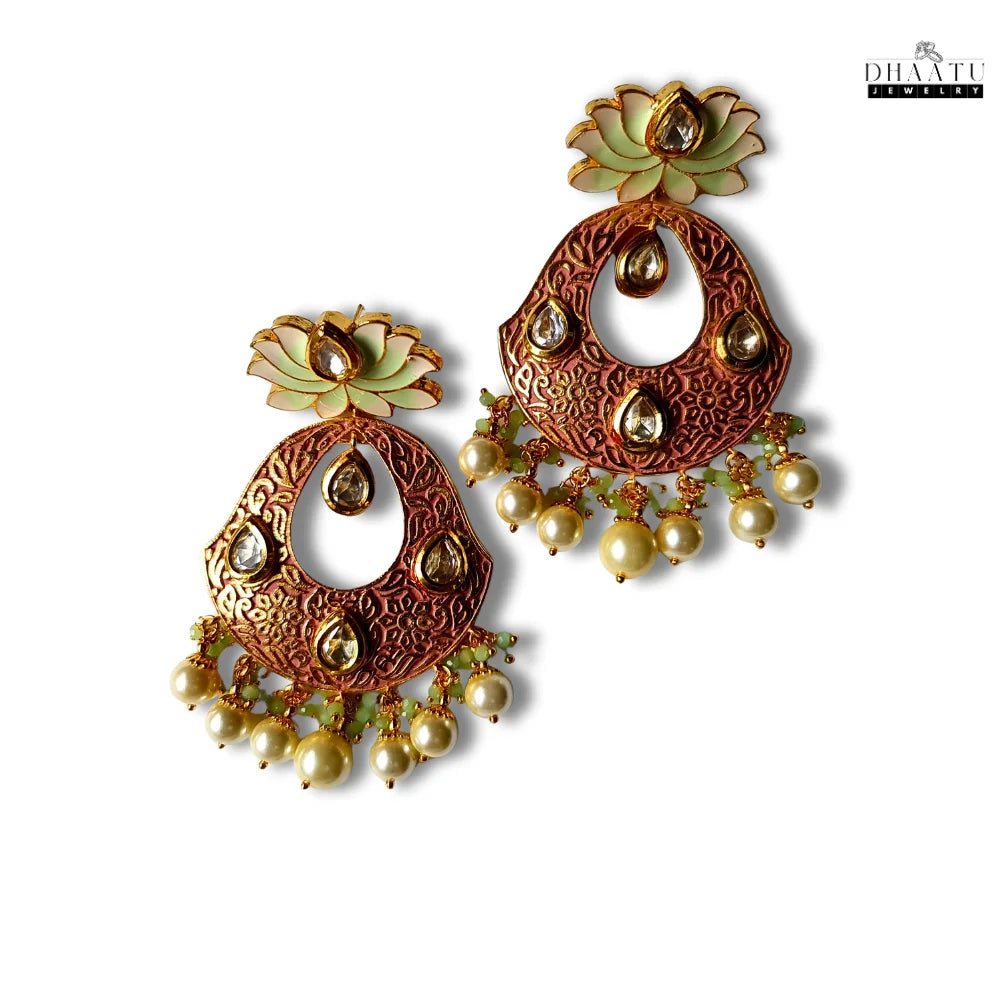 Pristine Gold Plated Lotus Meenakari Dangler Earrings with Kundan and Pearls