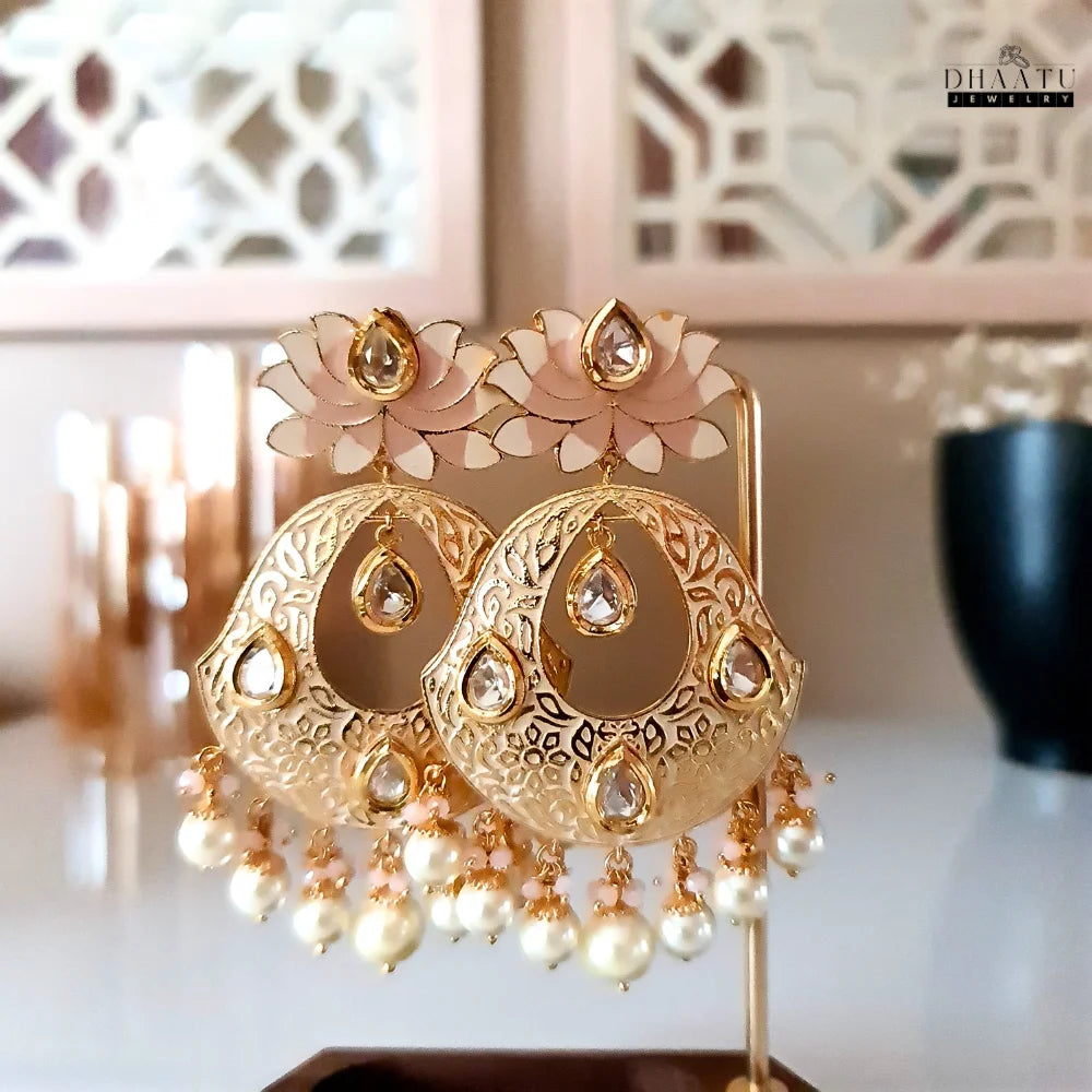Pristine Gold Plated Lotus Meenakari Dangler Earrings with Kundan and Pearls