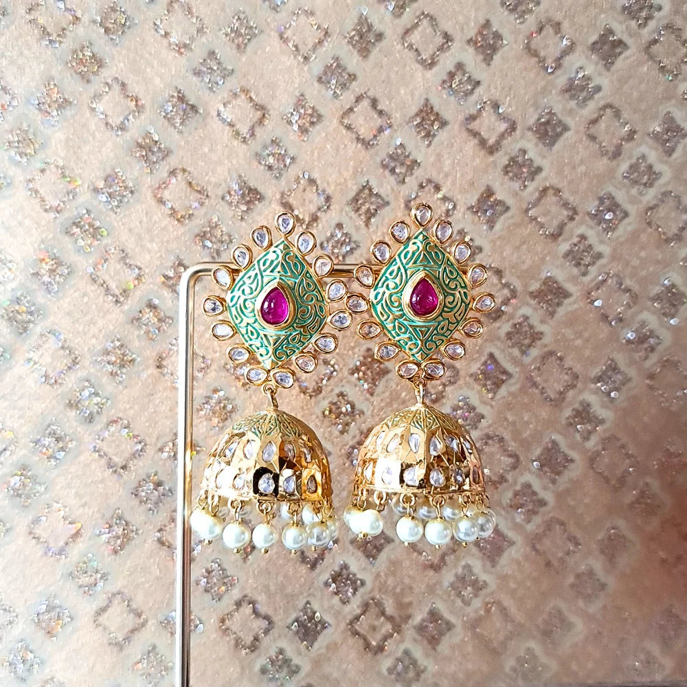 Green Meenakari & Kundan Jhumka Earrings with Pearl Drops