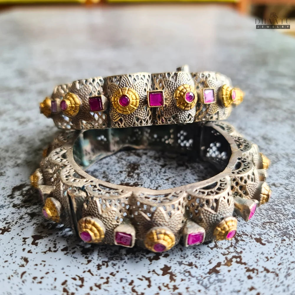 Silver Look Alike (SLA) & Gold-Plated Bangles - Intricate Filigree Kada Bracelets for Women