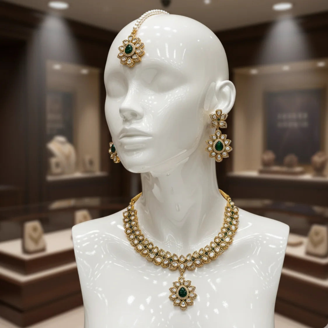 Regal Green Stone & White Polki Style Jewelry Set with Necklace, Earrings & Maang Tikka