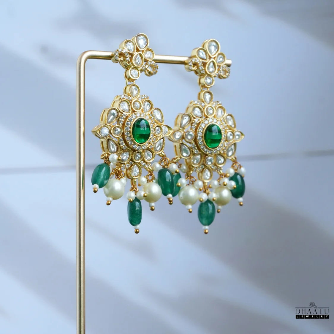 Premium Polki Style Kundan Emerald Pearl Choker Necklace & Earring Set