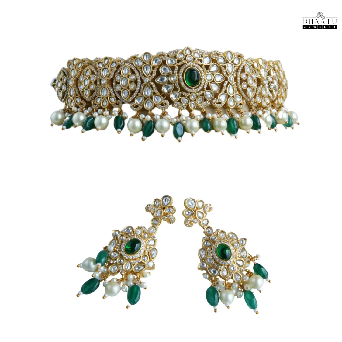 Premium Polki Style Kundan Emerald Pearl Choker Necklace & Earring Set
