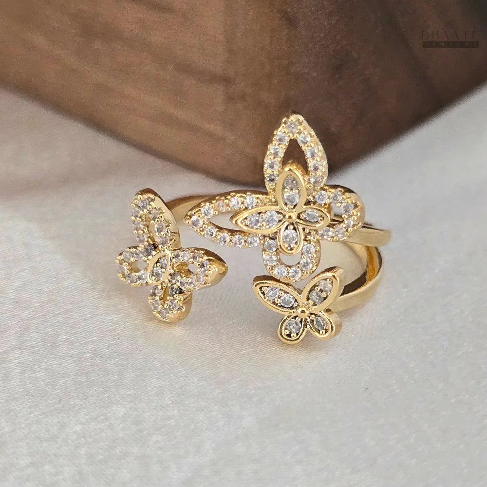 Dhaatu Triple Butterfly Crystal Statement Ring