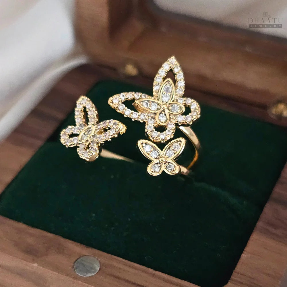 Dhaatu Triple Butterfly Crystal Statement Ring