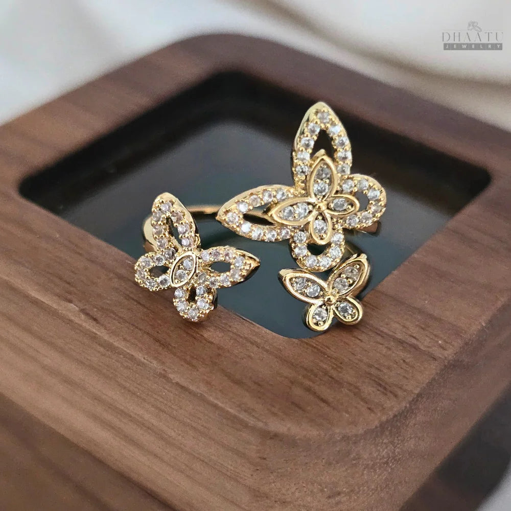 Dhaatu Triple Butterfly Crystal Statement Ring