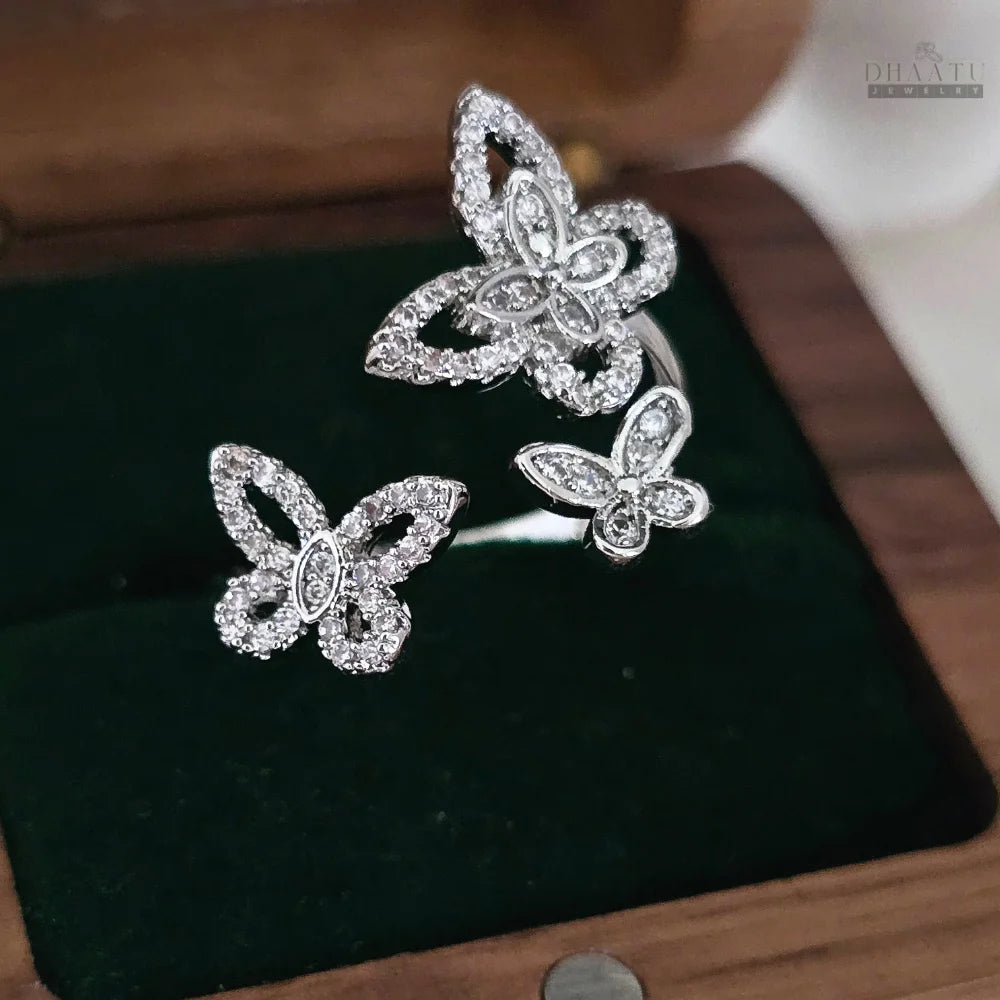 Dhaatu Triple Butterfly Crystal Statement Ring