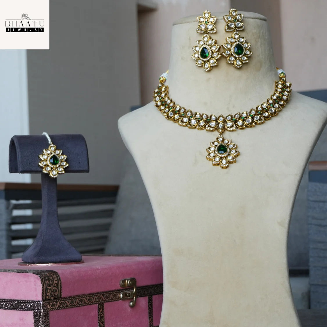 Regal Green Stone & White Polki Style Jewelry Set with Necklace, Earrings & Maang Tikka