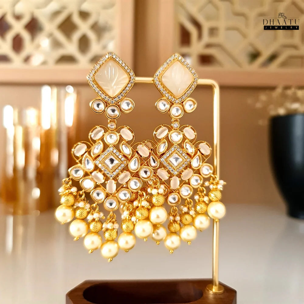 Gold Plated Kundan Polki & Pearl Drop Earrings in Multiple Colors