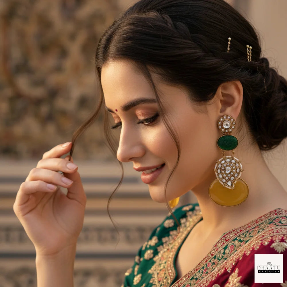 Kundan & Carved Green Stone Drop Earrings with Cat Eye Cabochon (Available in Grey & Yellow)