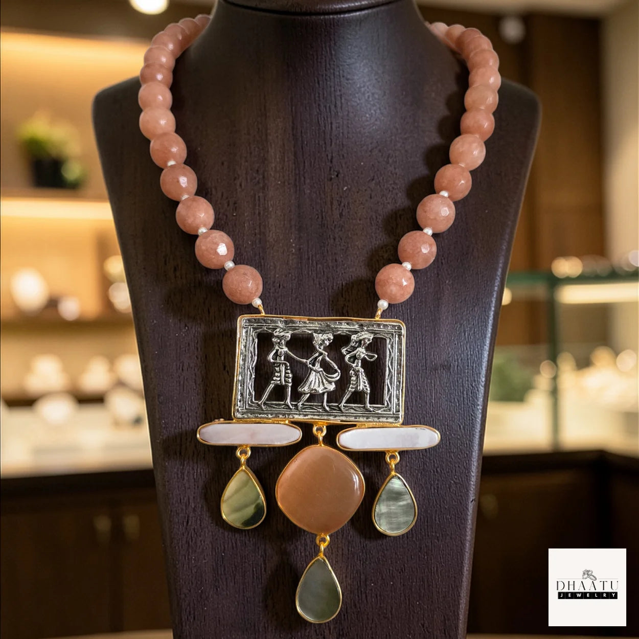 Handcrafted Stone Folk Art Necklace - Statement Ethnic Jewelry