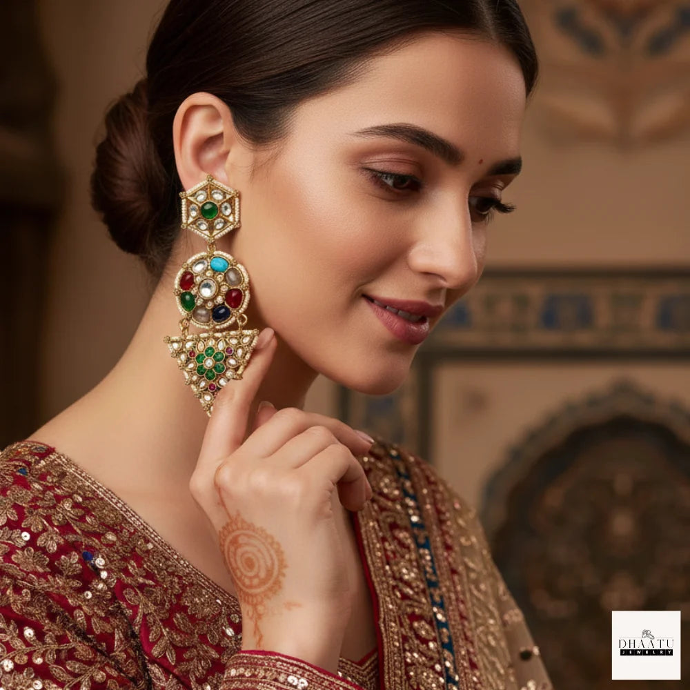 Exquisite Polki & Multicolored Kundan Stone Victorian Drop Earrings - Statement Earrings