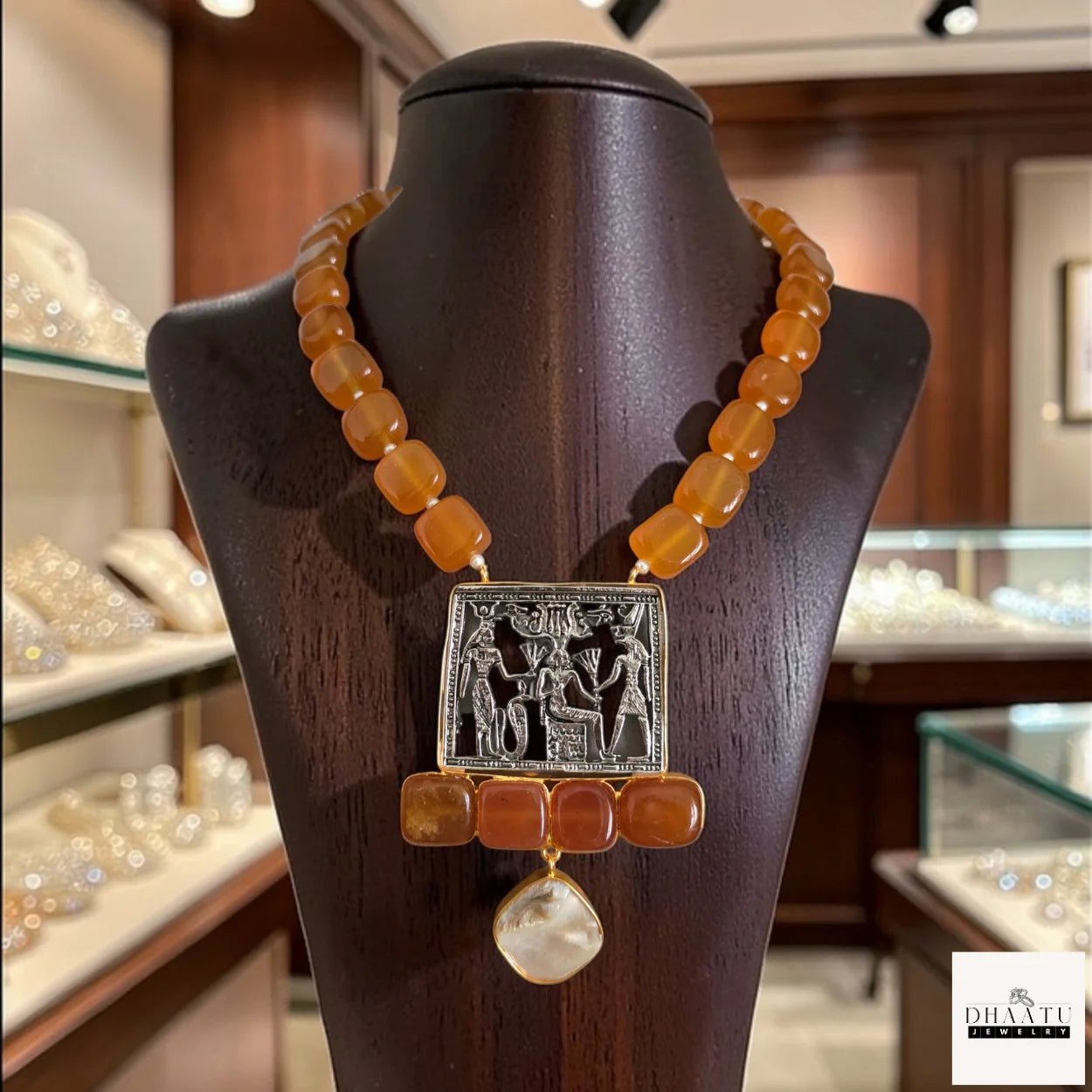 Egyptian Revival Statement Necklace with Carnelian/Lapis Lazuli & MOP