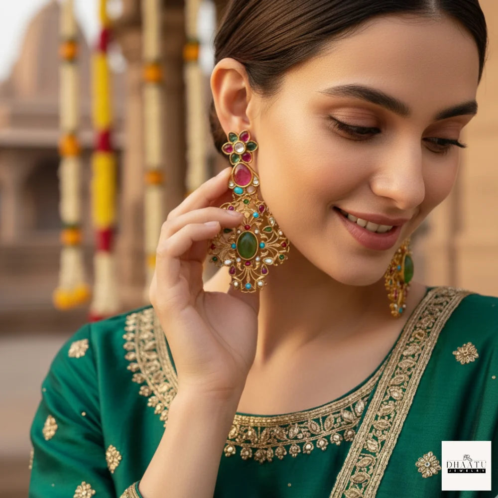 Exquisite Jadau Kundan Style Statement Earrings - Polki & Stone Work Dangler Jhumka for Weddings & Festive Wear
