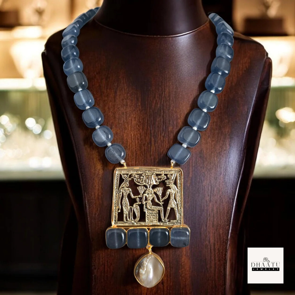 Egyptian Revival Statement Necklace with Carnelian/Lapis Lazuli & MOP