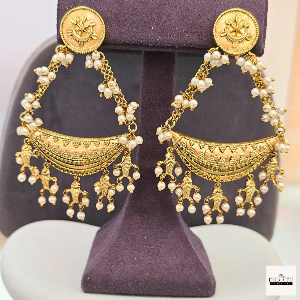 Antique Gold Plated Chandbali Earrings with Pearl Drops | Traditional Indian Style Jewelry