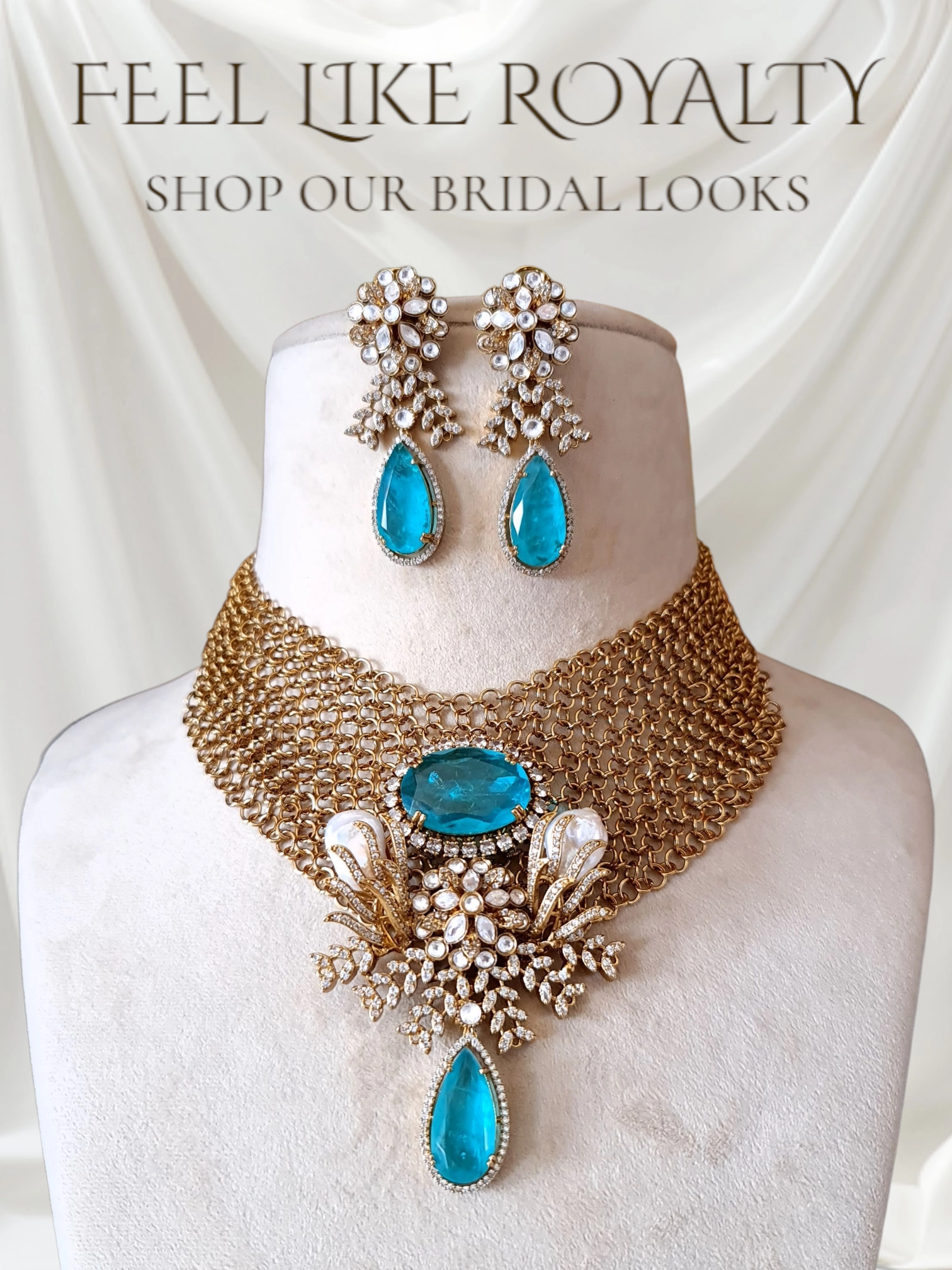 Exquisite Teal & Gold Bridal Choker Necklace Set with Dangler Earrings