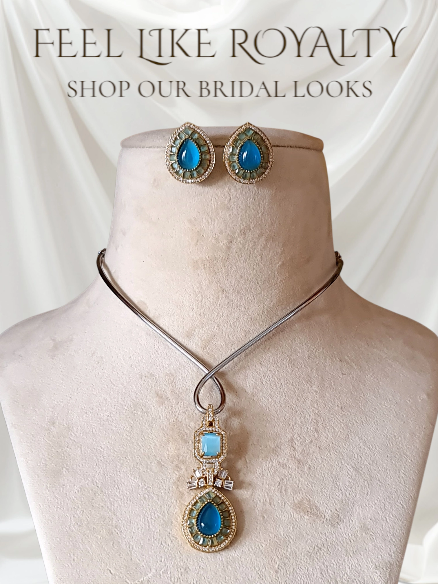Elegant Blue Stone & Gold-Plated Artificial Bridal Jewelry Set - Necklace & Earrings